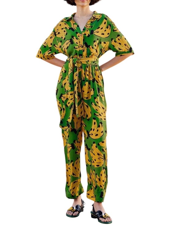 FARM Rio Pants - Farm Rio Bossa Banana Jumpsuit Size M Novelty Print Green Tropical Vacation RARE
